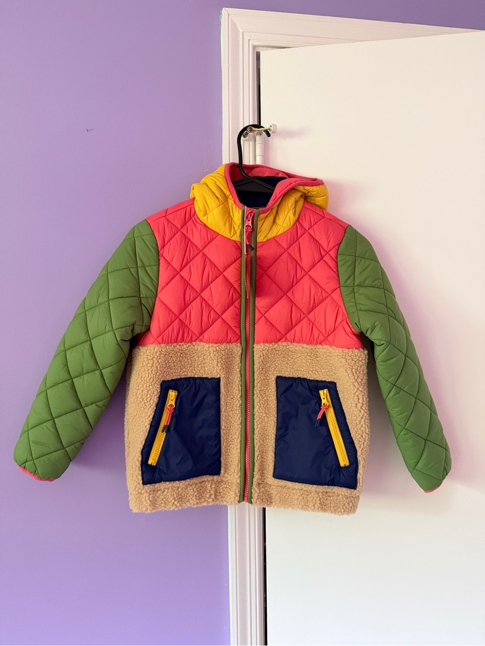 Color-Block Kids Quilted & Sherpa Jacket - Pink/Green/Yellow